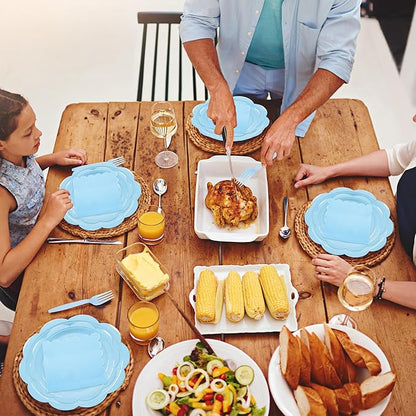 96 Pcs Light Blue Paper Plates and Napkins Set Party Supplies, Tableware set for 24 Guest include Disposable Light Blue Scalloped Plates, Napkins and Forks for Baby Shower Bridal Shower Wedding