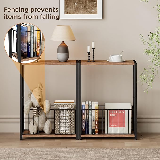 Narrow Side Table with Magazine Holder, Skinny End Table Perfect for Small Spaces, Space-Saving Design for Living Room, Bedroom, or Office, 7.1" D x 16.9" W x 23.6" H, Rustic Walnut