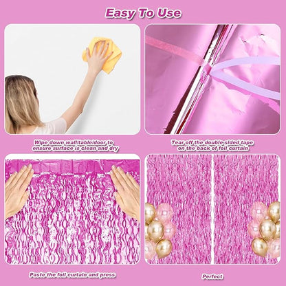 2 Pack 3.2x6.5 Feet Wavy Pink Foil Fringe Backdrop Curtains, Tinsel Streamers Princess Party Decorations Photo Booth Props for Birthday Baby Shower Bachelorette Euphoria Theme Party Supplies
