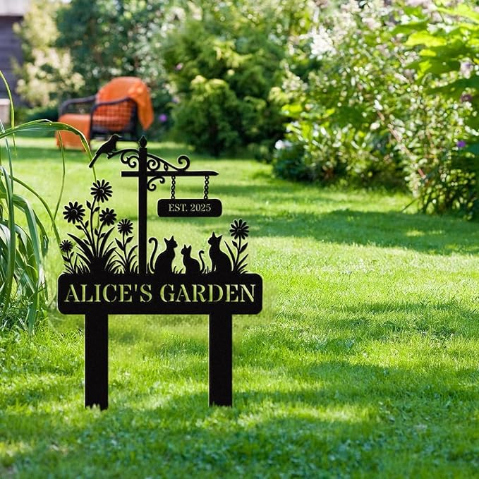 Custom Metal Sign Customized with Name & EST Date, Custom Garden Signs, Floral Yard Signs, Family Name Garden Stake, Personalized Outdoor Decor, Gift for Mother's Day, Mom Grandma Gardener Cat Lover