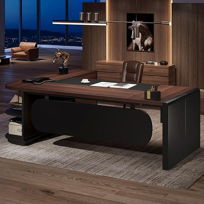 Tribesigns 80'' L-Shaped Desk Set of 4, Large Executive Office Desk with 55'' Drawers Cabinet, Modern Computer Table with Storage Shelves, Business Furniture for Office, Walnut & Black