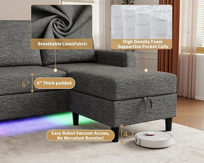 Smart Sectional Couches for Living Room, 6 Seat U/L Shaped Sectional Sofa with RGB Light/Charging, Modern Living Room Furniture for Apartments/Office/More (Dark Grey)