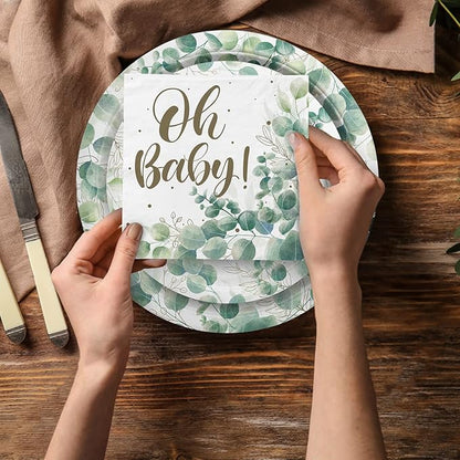 Sage Greenery Baby Shower Party Supplies Disposable Paper Plates Napkins Cups and Tablecloth for Boho Greency Party Decorations, Serve 25.