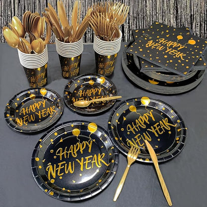 212 Piece New Year Paper Plates and Napkins Disposable Dinnerware Set Serve 30, Includes Happy New Year Plates Napkins Tablecloths Cups Knife Fork Spoon New Years Eve Party Supplies Decorations