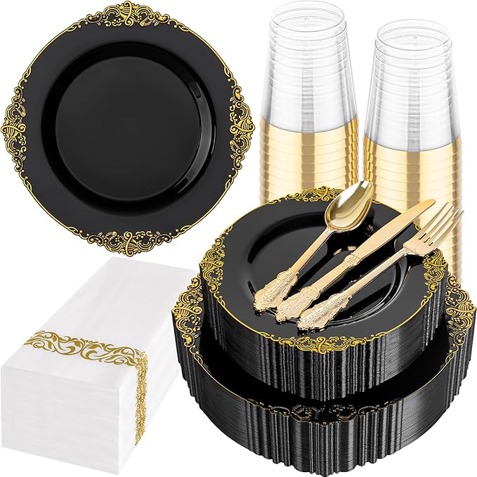 Hioasis 175pcs Black and Gold Plastic Plates - Elegant Disposable Dinnerware Set Suitable for 25 Guests Include 10.25" Dinner & 7.5" Dessert Plates, Cutlery, Napkins, Cups for Party & Wedding