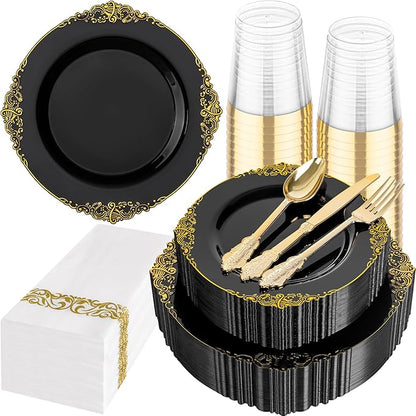 Hioasis 175pcs Black and Gold Plastic Plates - Elegant Disposable Dinnerware Set Suitable for 25 Guests Include 10.25" Dinner & 7.5" Dessert Plates, Cutlery, Napkins, Cups for Party & Wedding
