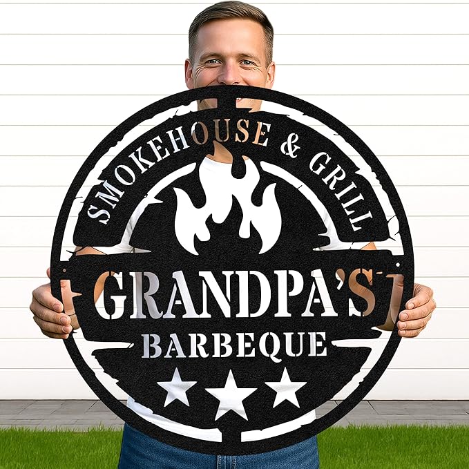 Rustic BBQ Hut Metal Sign, Custom Name Grill Cut Wall Decor for Outdoor Patio Kitchen, Personalized Backyard Barbecue Art