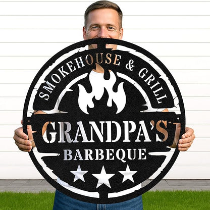 Rustic BBQ Hut Metal Sign, Custom Name Grill Cut Wall Decor for Outdoor Patio Kitchen, Personalized Backyard Barbecue Art