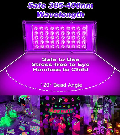 50W LED Black Light IP66 Waterproof,Outdoor Blacklight Flood Light with Plug+Switch+Cord, for Halloween Neon Glow in The Dark Party Body Paint Fluorescent Poster Classroom Club Dance Party, 2 Pack