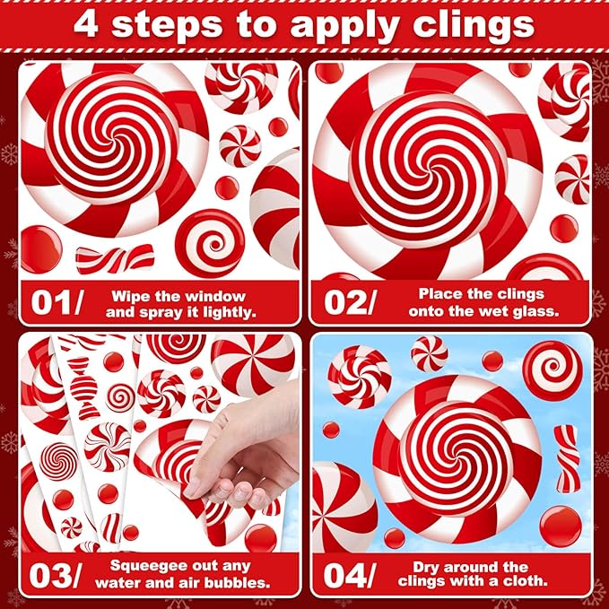 9 Sheets Christmas Window Clings, Candy Cane Christmas Decorations, Candyland Decal Stickers Decor for Home & Office