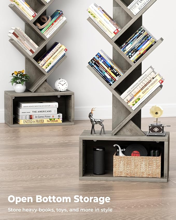 Evermagin 6 Tier Tree Bookshelf with Light, Narrow Bookcase Tower, Tall Floor Standing Book Shelf Organizer with Storage Cabinet for Living Room, Bedroom and Home Office, Gray