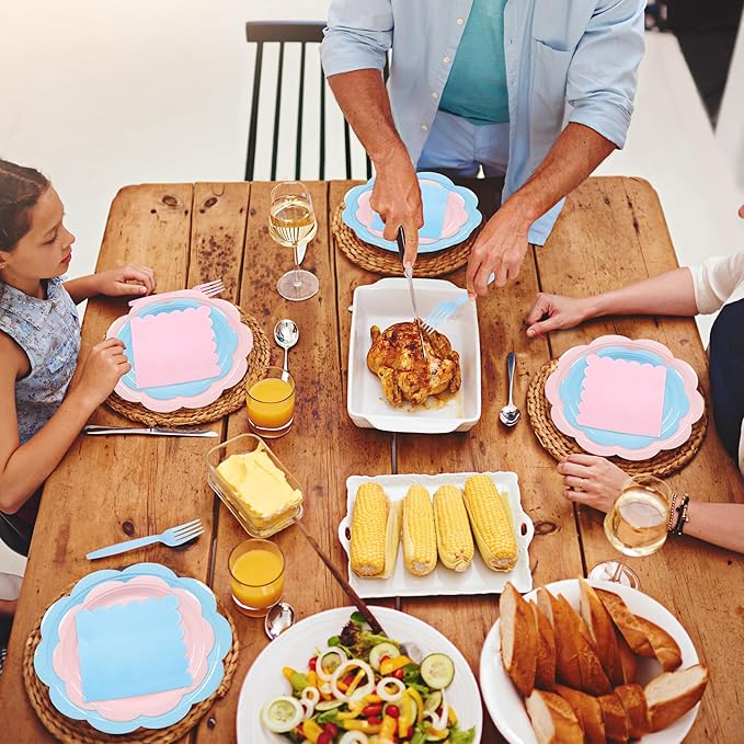 96 Pcs Baby Gender Reveal Plates and Napkins Set Party Supplies, Tableware set for 24 Guest include Light Pink and Blue Scalloped Plates, Napkins and Forks for Baby Shower Gender Reveal Party