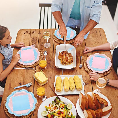 96 Pcs Baby Gender Reveal Plates and Napkins Set Party Supplies, Tableware set for 24 Guest include Light Pink and Blue Scalloped Plates, Napkins and Forks for Baby Shower Gender Reveal Party