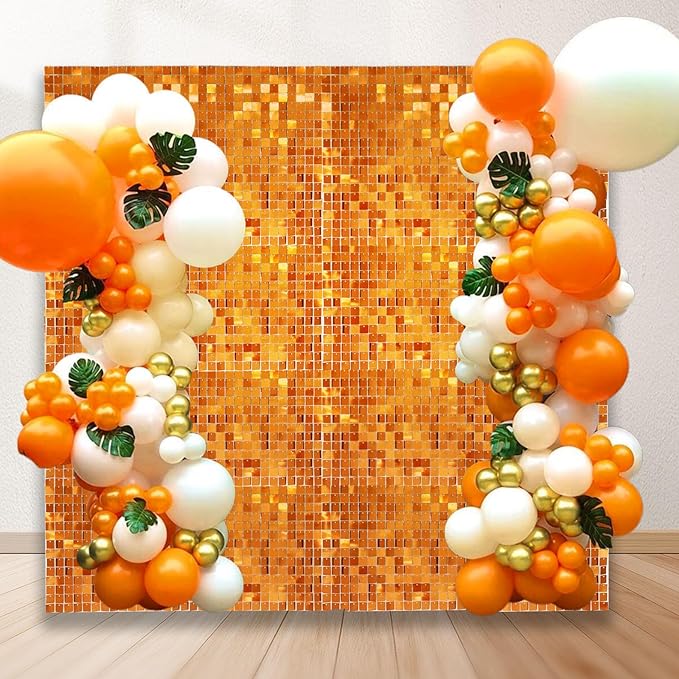 48 PCS Orange Shimmer Wall Backdrop, Square Sequin Photo Backdrops Panel, Glitter Wall Background for Birthdays, Weddings, Halloween, Engagements, Disco Bachelorette Party Decoration (6FTx8FT)