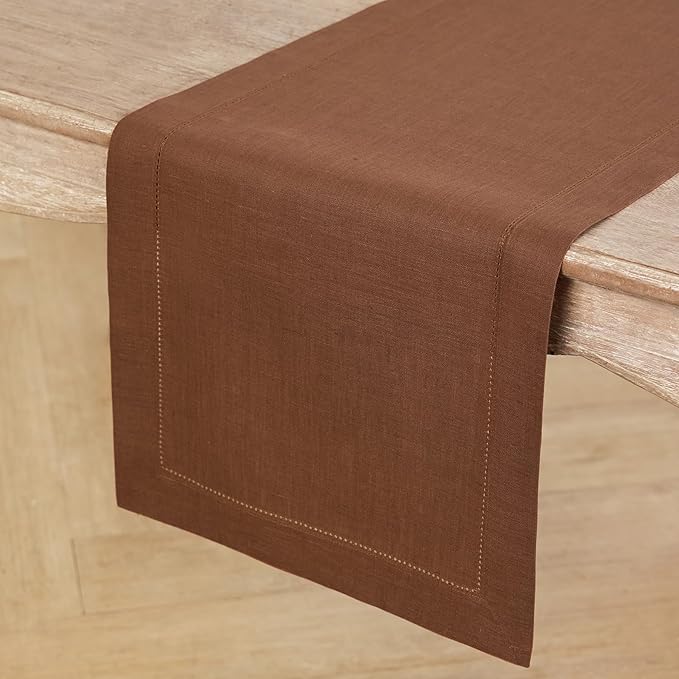 Solino Home Linen Brown Table Runner 36 Inches - Classic Hemstitch, 100% Pure Linen Coffee Table Runner 14 x 36 Inch Ideal for Dresser Tables, Fall, Autumn