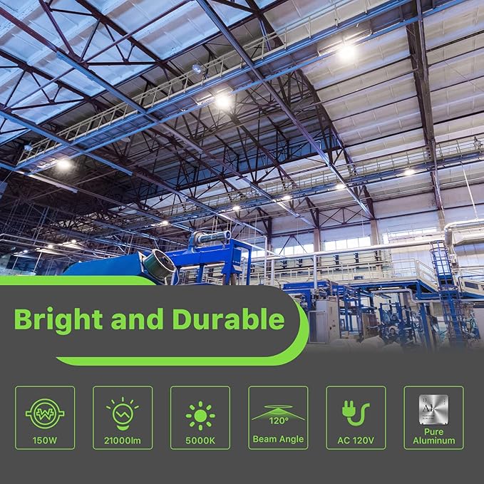 Glitgate LED High Bay Light 150W, 21000lm 5000K UFO Lights(600W MH/HPS Equiv.),Commercial Bay Lighting with 5ft Cable US Plug for Garage Shop Barn Warehouse, 6 Pack