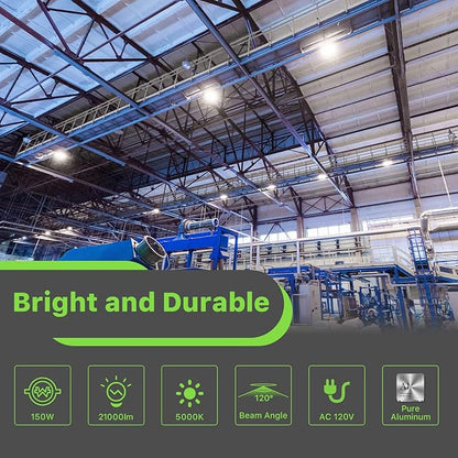 Glitgate LED High Bay Light 150W, 21000lm 5000K UFO Lights(600W MH/HPS Equiv.),Commercial Bay Lighting with 5ft Cable US Plug for Garage Shop Barn Warehouse, 6 Pack