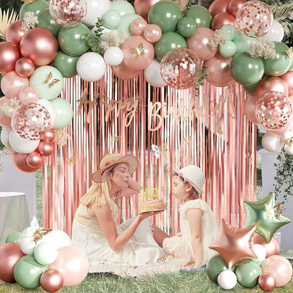 Sage Green and Rose Gold Birthday Party Decorations with Happy Birthday Banner, Green White Rose Gold Foil Balloons, Sash, Fringe Curtain, Cake Topper, Butterfly for Women Girls Party Supplies