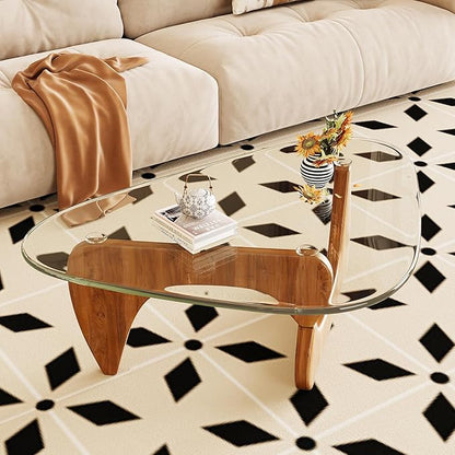 Coffee Table for Living Room Mid Century Modern Center Table with Glass Top and Wood, Transparent/Walnut