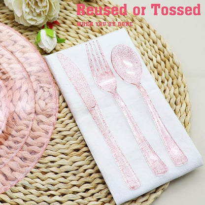150 Pack Pink Glitter Plastic Silverware Disposable, Baby Shower Cutlery, 50 Pink Forks, 50 Rose Gold Spoons, 50 Rose Gold Knives for Brithday, Wedding, Baby Shower