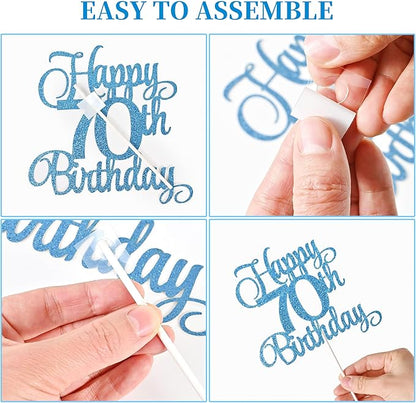 70th Birthday Cake Decorations, 70th Birthday Candles Cake Numeral Candles and Glitter Happy 70th Birthday Cake Toppers Set for Birthday Party Supplies (Blue)