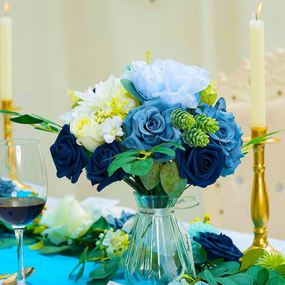 Artificial Flowers Combo Box Set,Silk Fake Flowers Roses Bridal Bouquets Out/Indoor DIY Centerpieces White Flowers for Decoration Arrangements Party Baby Shower Home Cake Decor (White&Blue)