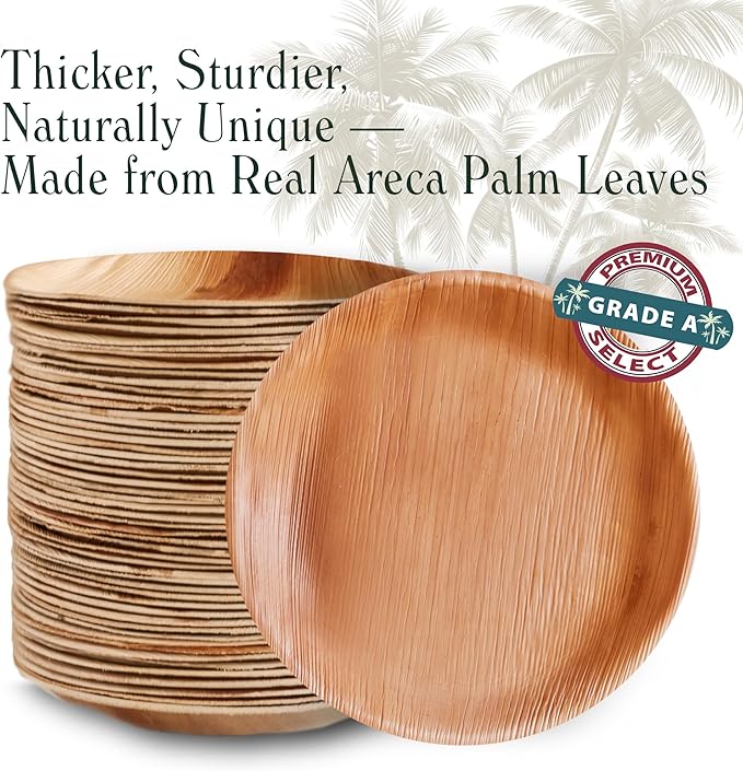 Disposable Palm Leaf Plates - 100 Pack - 8 Inch Round - Compostable & Biodegradable - Heavy Duty, Eco-Friendly, Microwave Safe - Like Bamboo Plates - Perfect for Events & Parties