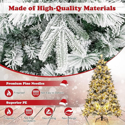 GOFLAME 6 FT Pre-Lit Christmas Tree with Pine Needles, Snow Flocked Christmas Tree with 250 Warm White LED Lights & 752 Mixed Branch Tips, Hinged Xmas Decoration Tree for Home, Office, Carnival