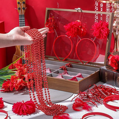 50 Pcs Red Holiday Team Spirit Party Accessories Pom Pom Party Headbands Star Shape Sunglasses Bead Necklaces Stuff Favors for Birthday Wedding Supplies(Classic)