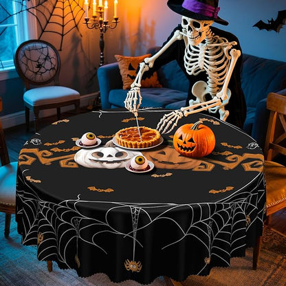 Eikione Round Halloween 70In Tablecloth, Spider Haunted House Decorative Table Cloth, Waterproof and Washable Fabric Table Cover for Party Kitchen Dining Room