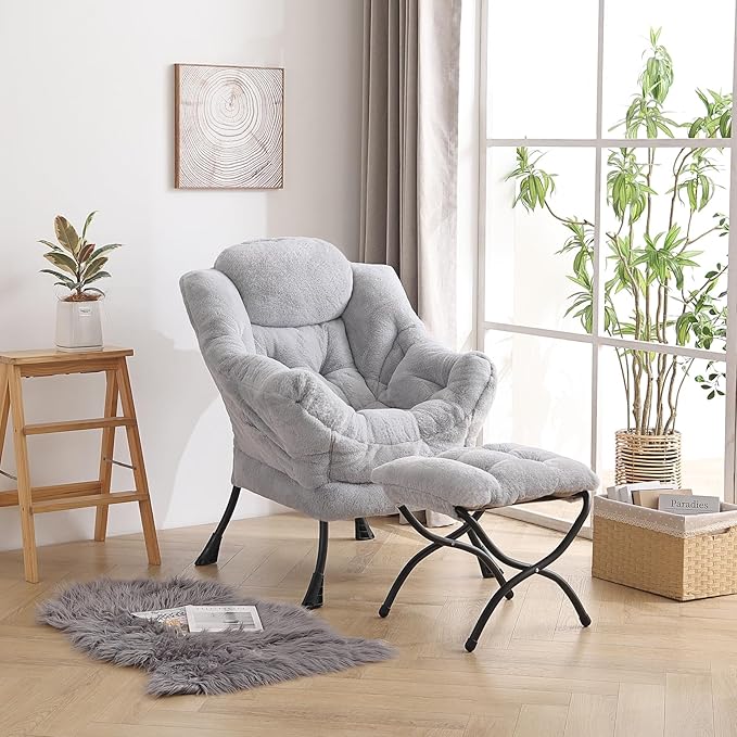 LITA Lazy Chair with Ottoman, Modern Accent Leisure Upholstered Sofa Chair, Contemporary Lounge Reading Chairs with Armrests and a Side Pocket for Living Room, Bedroom & Small Space, Plush Grey