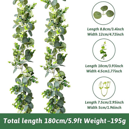 MAKHOT 2pcs Artificial Eucalyptus Garland, 5.9FT Greenery Garland Flower Spring Summer Green Garlands Vines Decoration, Fake Silver Dollar Eucalyptus Leaves Vines for Table Home Wedding Party Decor
