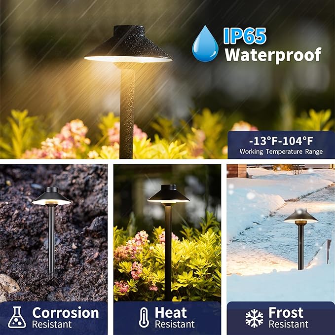 Gardenreet Brass Low Voltage Path Lights - 12V LED Landscaping Pathway Light IP65 Waterproof, Wired Walkway Lighting Outdoor, Black for Lawn Area Backyard with 3W 2700K Warm White G4 Bulb (8 Pack)