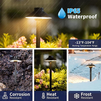 Gardenreet Brass Low Voltage Pathway Lights - 12V LED Landscape Path Lighting, Walkway Light Waterproof IP65, Hat Shaped Wired ‎Classic Black for Outdoor Entrance Garden G4 Bulb Not Included (6 Pack)