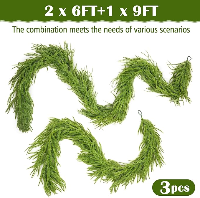 3pcs Christmas Garland, Artificial Norfolk Pine Garlands 2x6ft 1x9ft, Real Touch Garlands for Decoration Christmas, Christmas Garland for Table, Mantle, Wall, Fireplace(Green Norfolk Pine Garland)