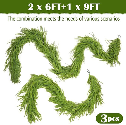 3pcs Christmas Garland, Artificial Norfolk Pine Garlands 2x6ft 1x9ft, Real Touch Garlands for Decoration Christmas, Christmas Garland for Table, Mantle, Wall, Fireplace(Green Norfolk Pine Garland)
