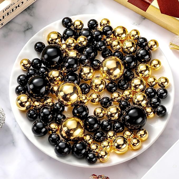 Hicarer 120 Pieces Pearl for Vase Filler Pearl Bead Vase Centerpieces Brush Holder Assorted Round Faux Bead for Crafting, Home Wedding Table Decor 14/20/30 mm(Bright Black, Bright Gold)