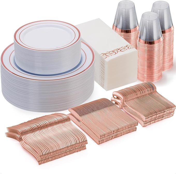 Goodluck 350 Piece Rose Gold Dinnerware Set for 50 Guests - Disposable Plastic Plates, Paper Napkins, Cups, Silverware for Party
