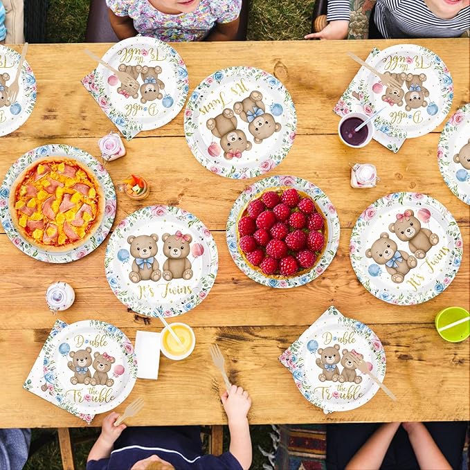96Pcs Twin Bear Boy Girl Baby Shower Party Supplies It's Twins Pink Blue Floral Plates and Napkins Disposable Double the Trouble Tableware Set Newborn Gender Reveal Theme Party Decorations Serves 24