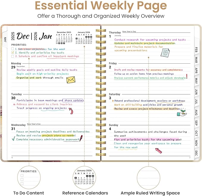 2026 Planner, Weekly and Monthly Planner for Women, Jan 2026 - Dec 2026 Pretty 2026 Calendar Planner with Monthly Tabs, Inner Pocket, Spiral Binding, Perfect for Office Home School - 8.5" x 11", Landscape