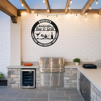 Personalized BBQ Cut Metal Sign, Custom Name Grill Wall Art for Backyard and Patio, Rustic Outdoor Kitchen Barbecue Decor