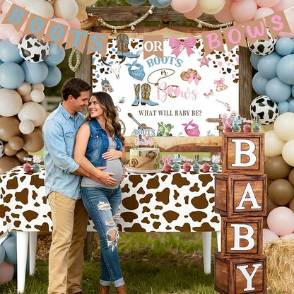 Boots or Bows Gender Reveal Decorations - 130Pcs Boy or Girl What Will Baby Be Gender Reveal Party Supplies Include Backdrop Balloon Garland Tablecloth Boots or Bows Banner Cake Cakecup Topper