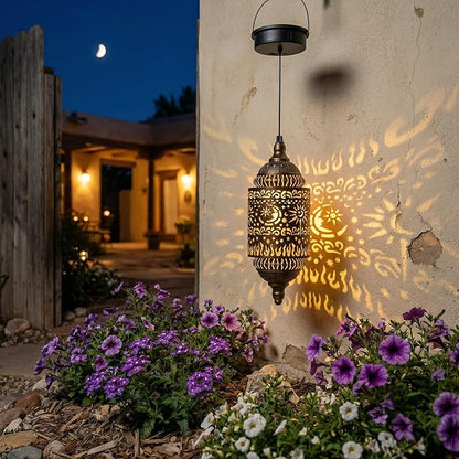 Moroccan Hanging Solar Lights Outdoor 2 Pack Garden Decor Sun and Moon Decorations Solar Lantern Waterproof for Patio Pathway Yard Backyard Garden Decorative (2)