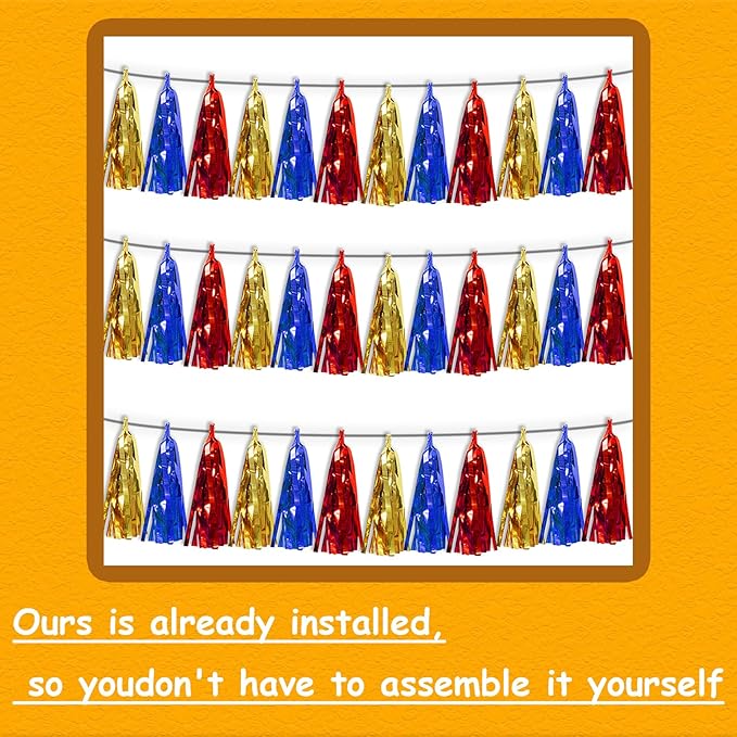 3P Gold Blue Red Tassel Banner Garland Metallic Foil Fringe Banner Tinsel Tassels Streamer Banner Backdrop for Parade Floats Graduation, Halloween, Christmas, Baby Bridal Shower Party Decorations