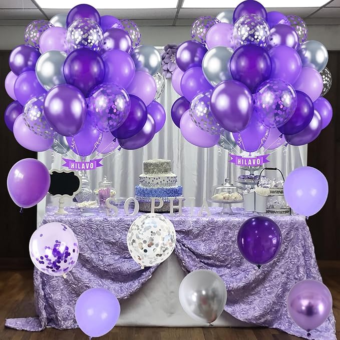 Purple Balloons Set 60 Pcs Dark Purple and Silver Balloons 12 Inch Royal Purple Metallic Silver Confetti Balloon for Girls Women Butterfly Retirement Wedding Bridal Shower Birthday Party Decorations
