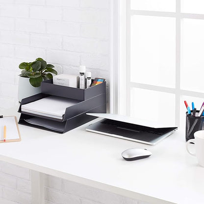 Amazon Basics Rectangular Plastic Desk Organizer with Storage Trays, Accessory Tray for Office Supplies and Pen Holder, 9.4 x 6.7 x 2 inch, Black