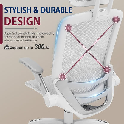 GABRYLLY Ergonomic Office Chair, High Back Home Desk Chair with Headrest, Flip-Up Arms, 90-120° Tilt Lock and Wide Cushion, 300LBS Mesh Chairs for Man Woman, White Task Chair(Grey,GY01WG)