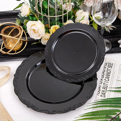 U-QE 100PCS Black Plastic Plates, Heavy Duty Black Disposable Plates Including 50PCS 10'' Dinner Plates & 50PCS 7.5'' Dessert Plate - Hard Plastic Plate for Party Wedding Bridal Shower