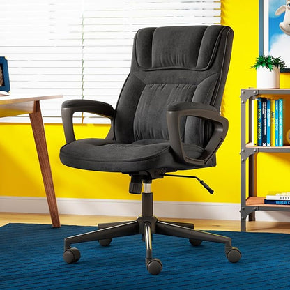 Serta® Hannah Executive Home Office Desk Chair, Ergonomic Mid-Back with Lumbar Support, Firm Seat Cushion, Layered Body Pillows, Padded Armrests, Swivel Base, Easy Assembly, Microfiber, Charcoal Gray
