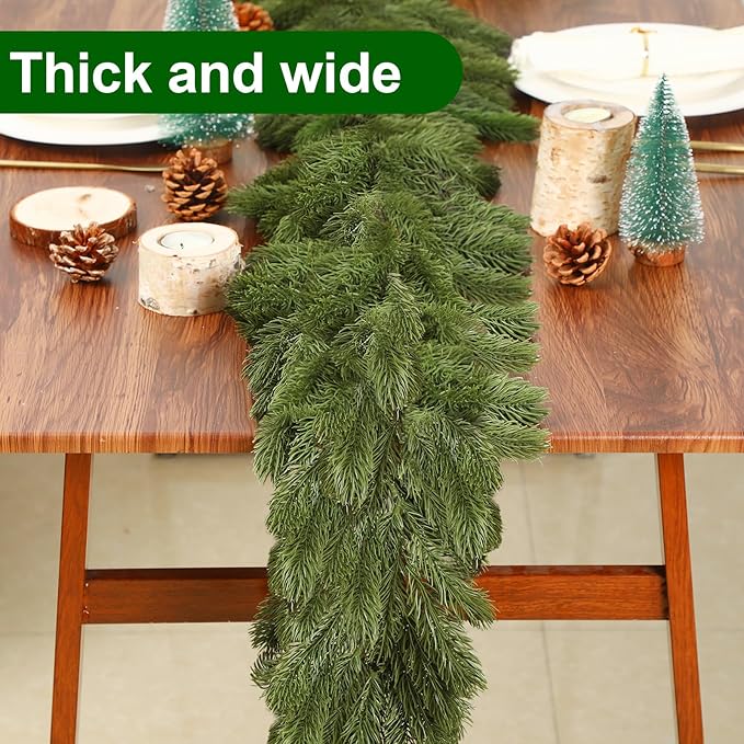 Lyrow 1 Pcs 15 ft Artificial Pine Greenery Garlands Deluxe Faux Thick Real Touch Winter Pine Garland Artificial Greenery Wreath for Table Fireplace Mantle Indoor Outdoor Christmas Decorations